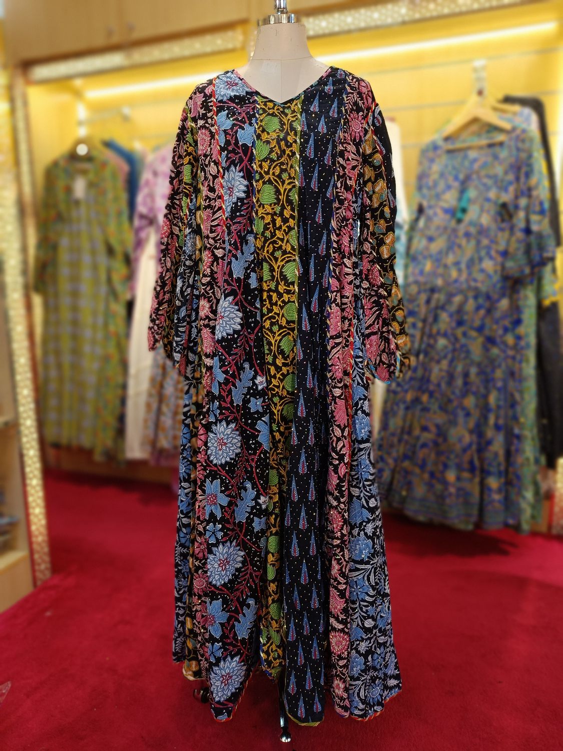 L/XL Meher Crystal black Multi Printed Cotton Dress 57&quot; Long Jalabiya