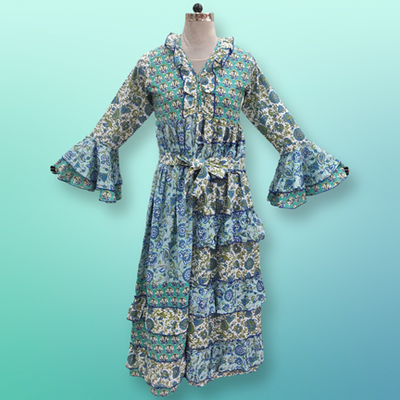 S/M Sabah Blue Printed Cotton Dress 57&quot; Long Jalabiya