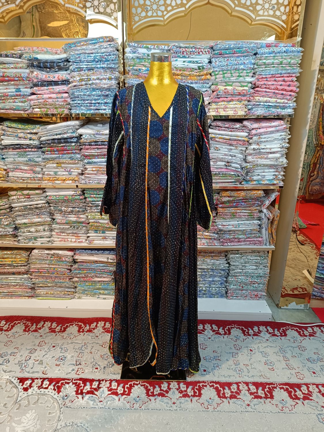 S/M Meher Crystal Black Multi Printed Cotton Dress 57&quot; Long Jalabiya