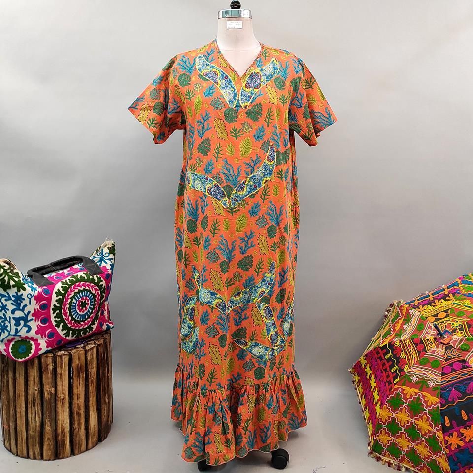 2XL/3XL Junaira Printed Cotton Dress 57&quot; Short Sleeves Jalabiya