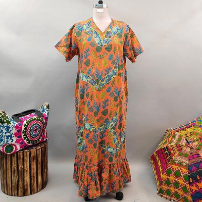 2XL/3XL Junaira Printed Cotton Dress 57&quot; Short Sleeves Jalabiya