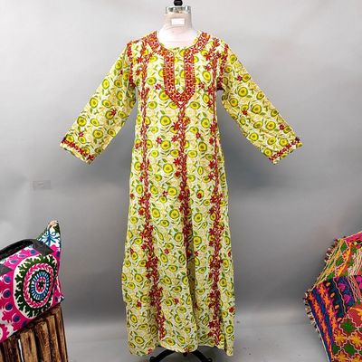 S/M Kafia Embroidery Printed Cotton Dress 56&quot; Long Jalabiya
