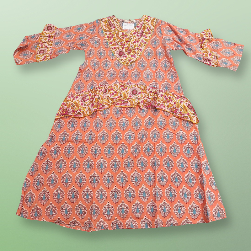 8-9 Year Aiba Printed Cotton Girls Dress 42&quot; Long Jalabiya