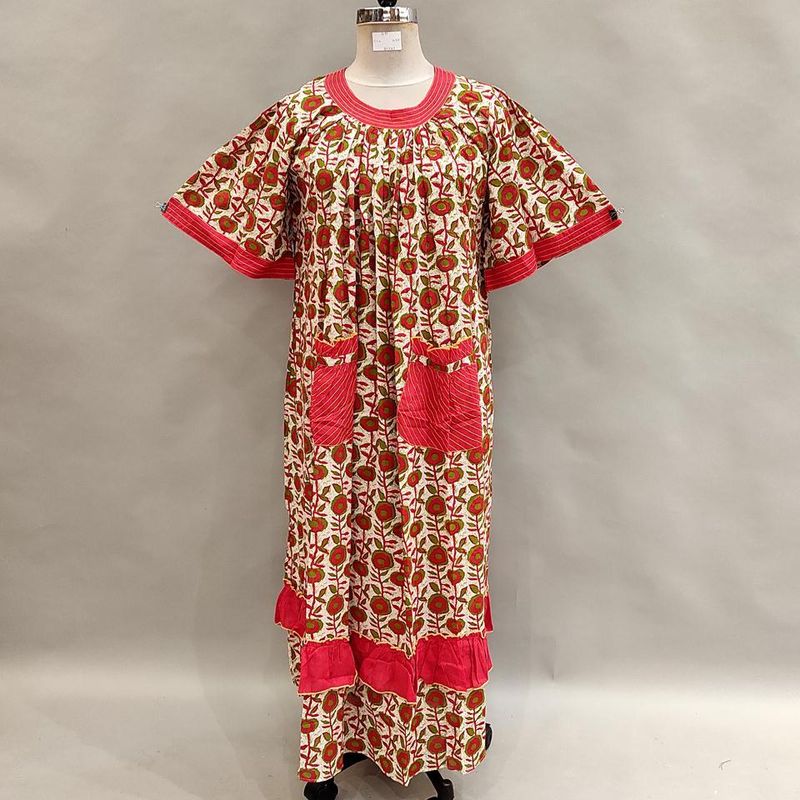 S/M Nawaar Printed Cotton Dress 57&quot; Short Sleeves Jalabiya
