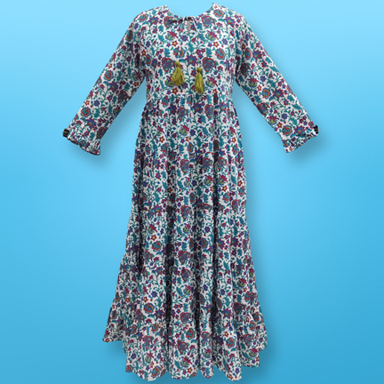 S/M Razia Blue Printed Cotton Dress 57&quot; Long Jalabiya