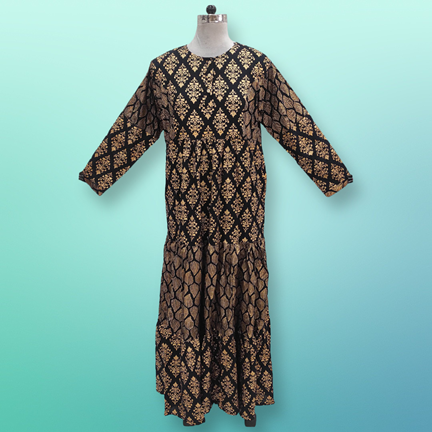 L/XL Juhi Golden Printed Rayon Dress 57&quot; Long Jalabiya