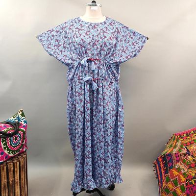Free Size Farasha Printed Kaftan Cotton Dress 56&quot; Long Jalabiya