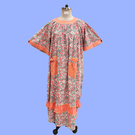 L/XL Nawaar Printed Cotton Dress 56&quot; Short Sleeves Jalabiya