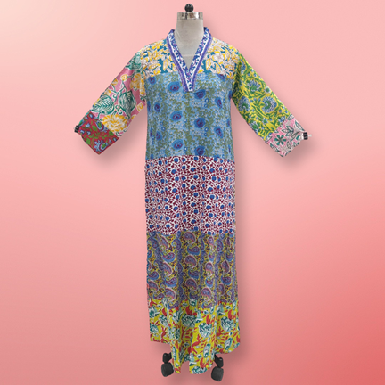 L/XL Teena Multi Printed Cotton Dress 57&quot; Long Jalabiya