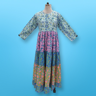 2XL/3XL Blue Layla Printed Cotton Dress 57&quot; Long Jalabiya