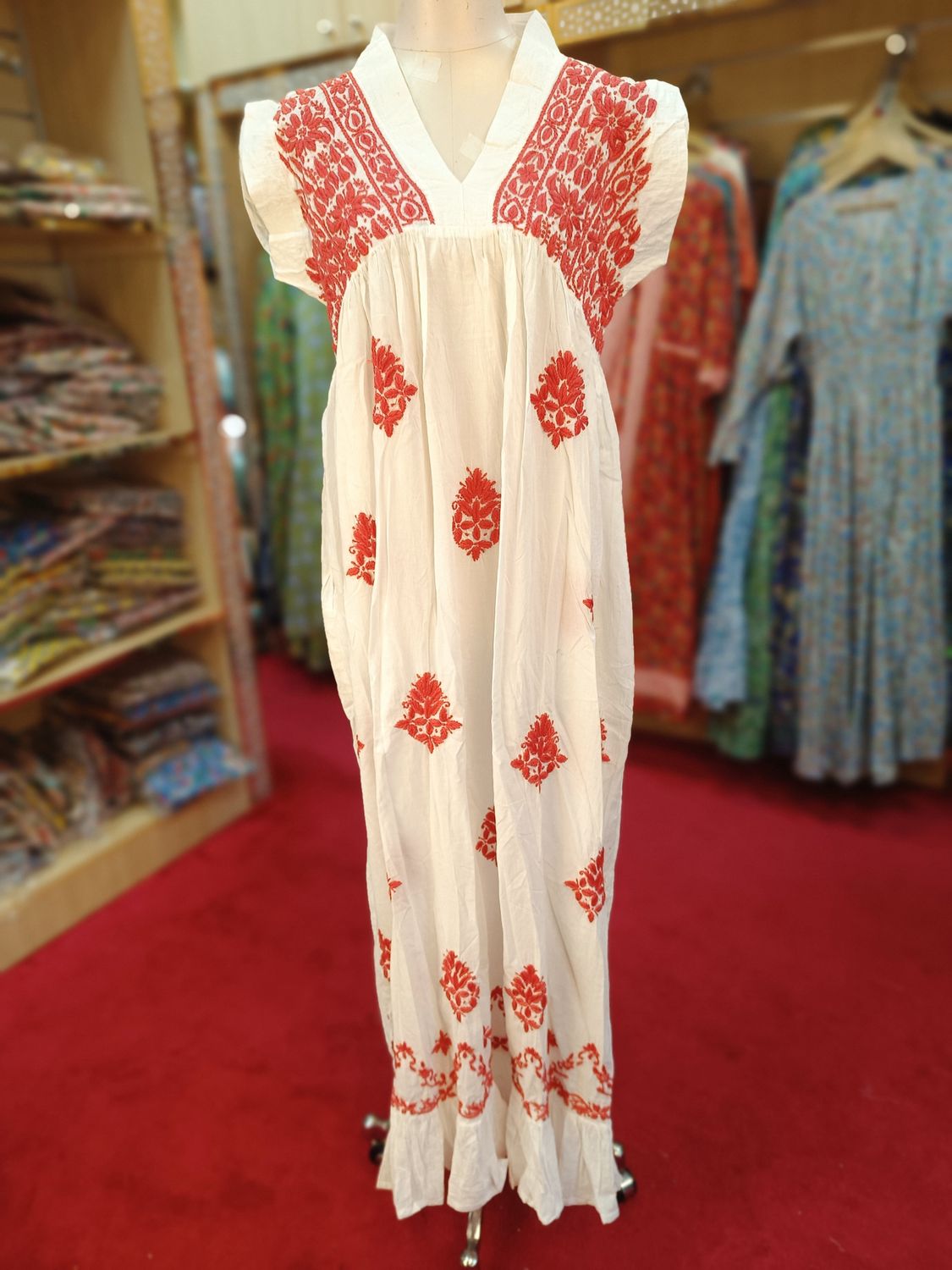 S/M Amani Embroidery Cotton Dress 57&quot; Short Sleeves Jalabiya