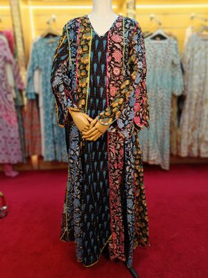 L/XL Meher Crystal black Multi Printed Cotton Dress 57&quot; Long Jalabiya