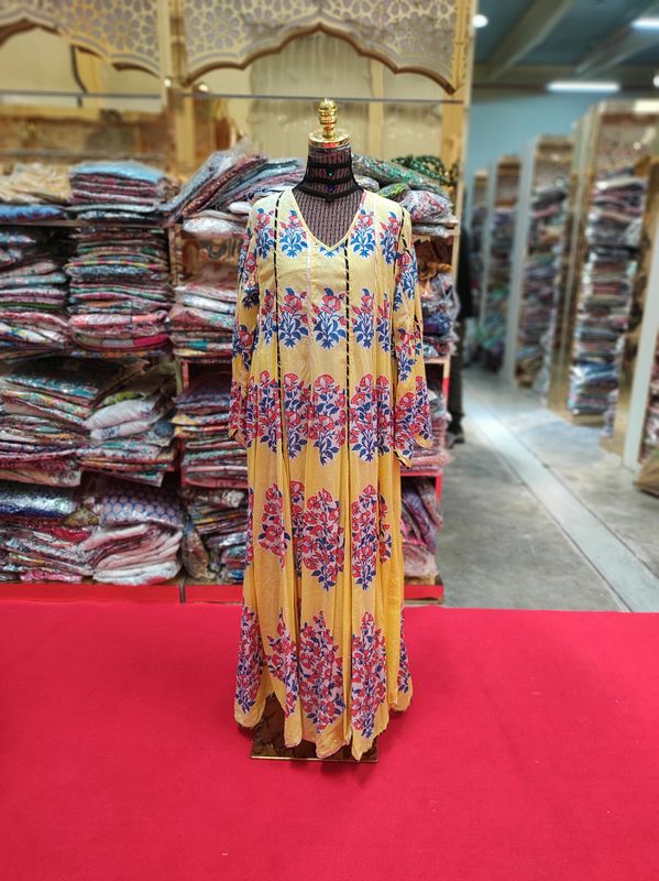 S/M Meher Crystal Multi Printed Cotton Dress 57&#39;&#39; Long Jalabiya