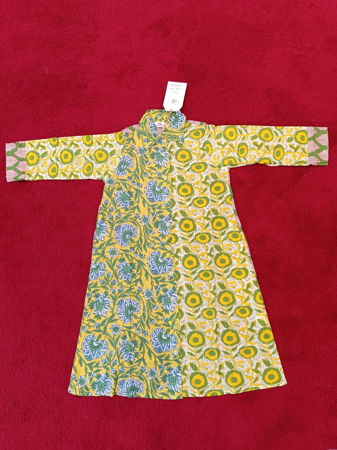 2-3 Year Singapore Yellow Printed Cotton Girls Dress 29&quot; Long Jalabiya