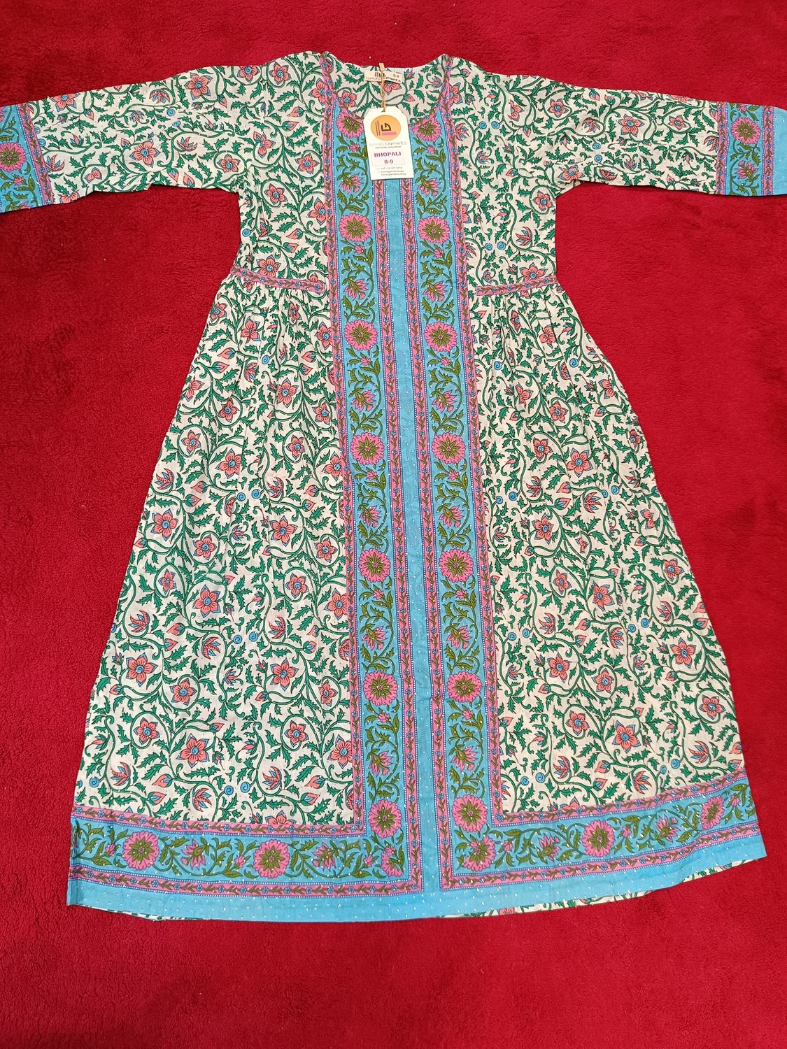 8-9 Year Bhopali Crystal Printed Cotton Girls Dress 42&quot; Long Jalabiya