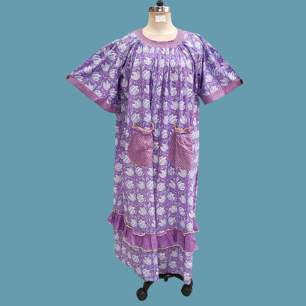 L/XL Nawaar Printed Cotton Dress 56&quot; Short Sleeves Jalabiya