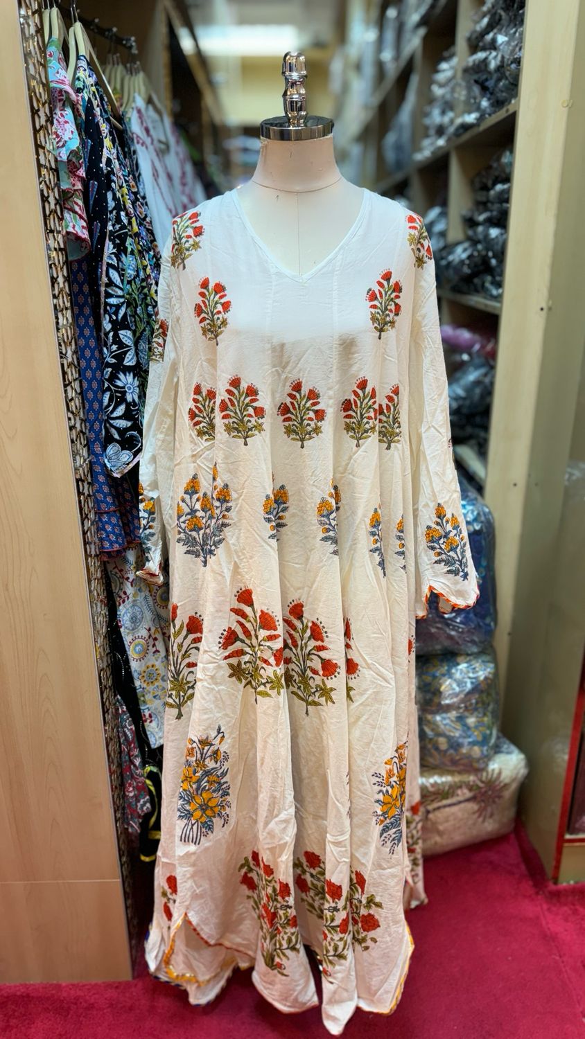 L/XL Meher White Multi Printed Cotton Dress 57&quot; Long Jalabiya