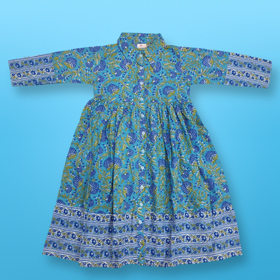 4-5 Year Blue Ana Printed Cotton Dress 34&quot; Long Jalabiya