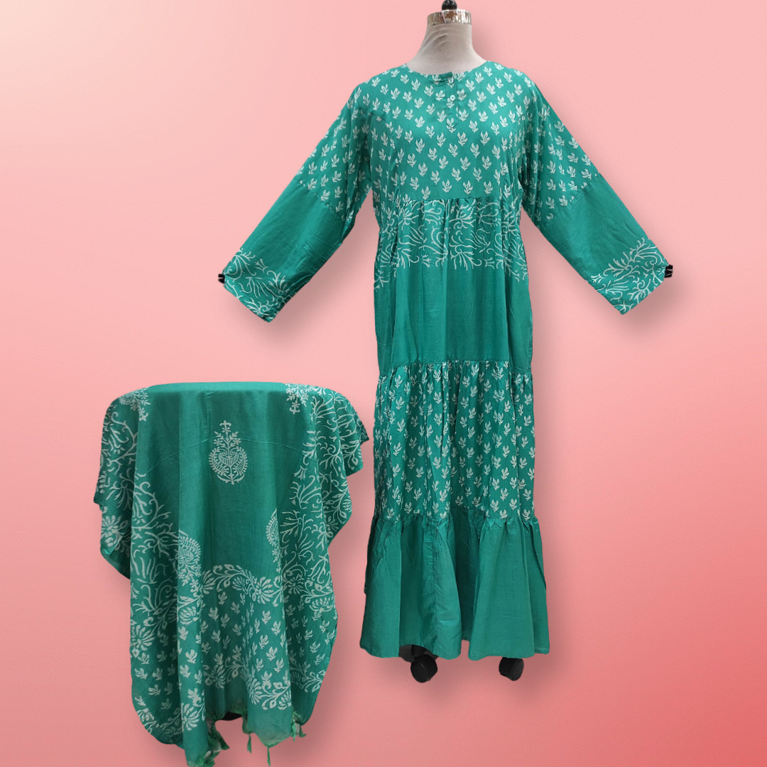 L/XL Cotton Printed Juhi Dress 56&quot; Long Jalabiya With Sheila