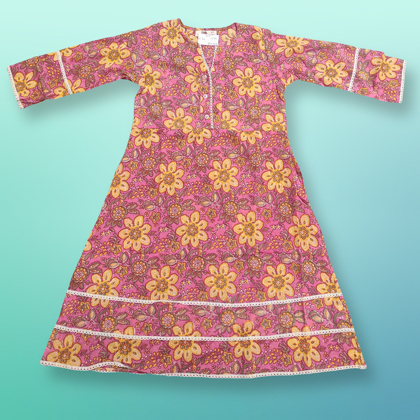 4-5 Year Fagira Printed Cotton Girls Dress 34&quot; Long Jalabiya