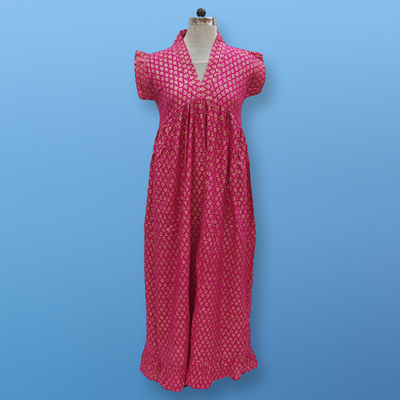 XS-S Amani Gold Print Cotton Dress 54&quot; Short Sleeves Jalabiya
