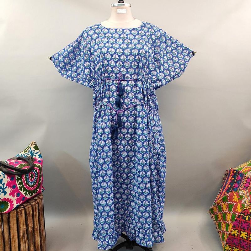 Free Size Farasha Printed Kaftan Cotton Dress 57&quot; Long Jalabiya