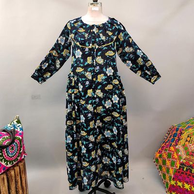 XS/S Umama Black Printed Cotton Dress 54&quot; Long Jalabiya