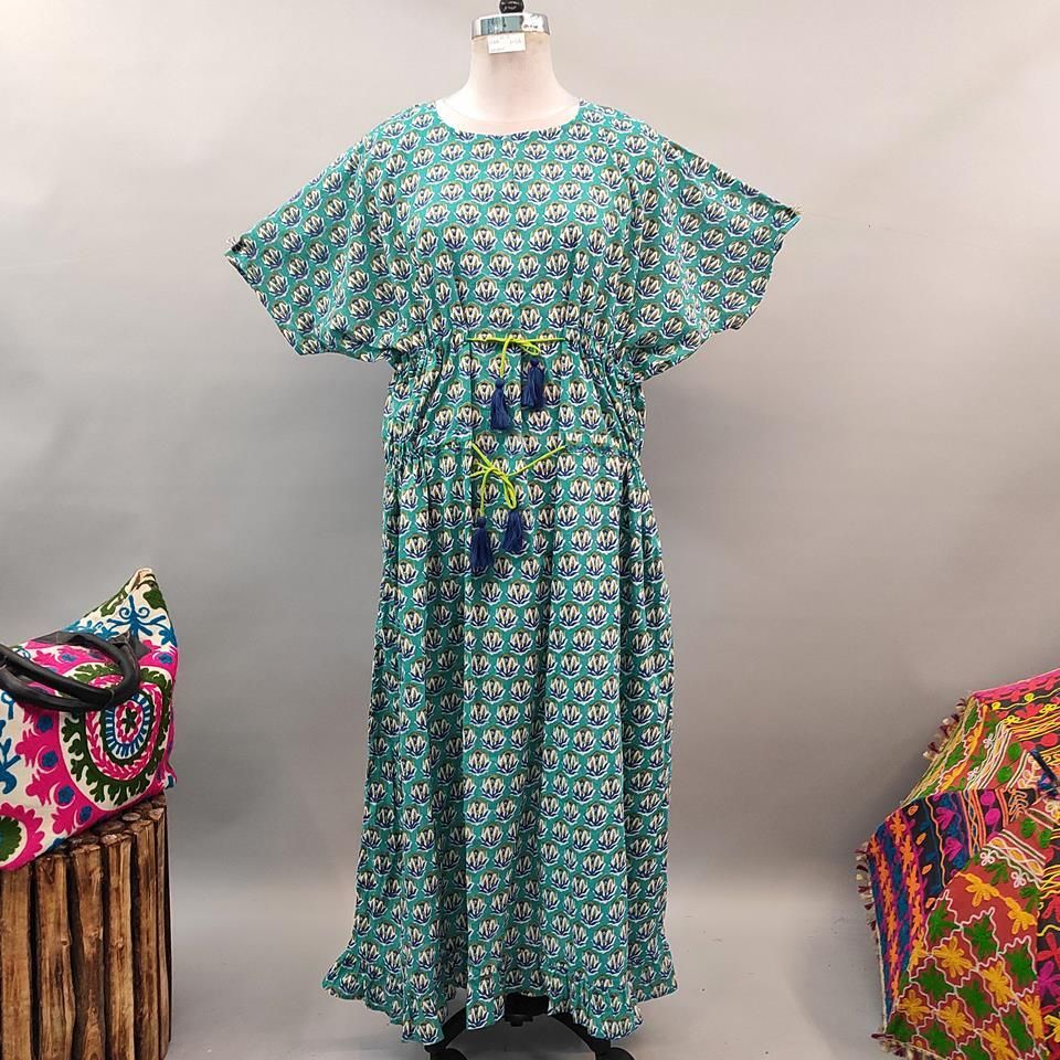 Free Size Farasha Printed Kaftan Cotton Dress 56&quot; Long Jalabiya