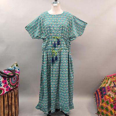 Free Size Farasha Printed Kaftan Cotton Dress 56&quot; Long Jalabiya