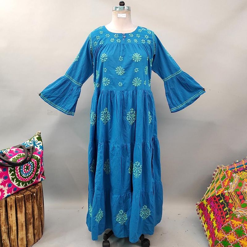 L/XL Moon Embroidery Blue Plain Solid Cotton Dress 57&quot; Long Jalabiya