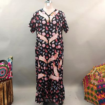 2XL/3XL Junaira Black Printed Cotton Dress 57&quot; Short Sleeves Jalabiya