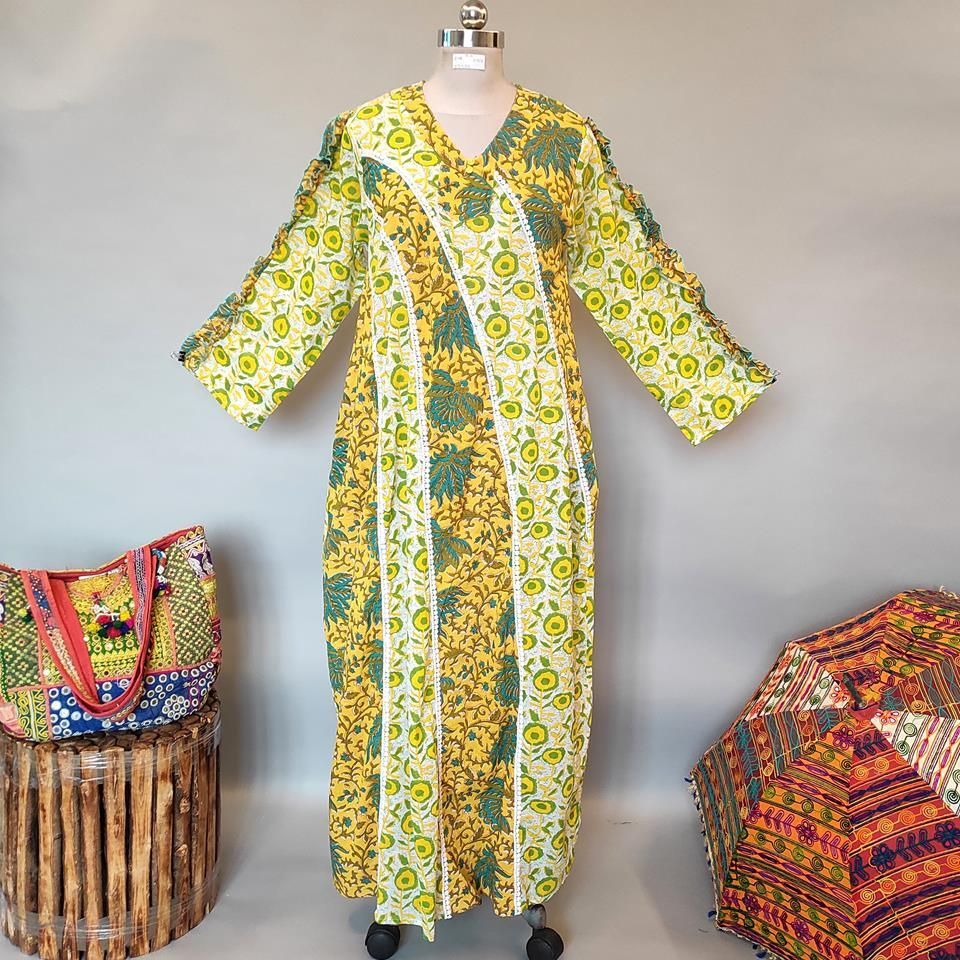 S/M Narjis Printed Cotton Dress 57&quot; Long Jalabiya