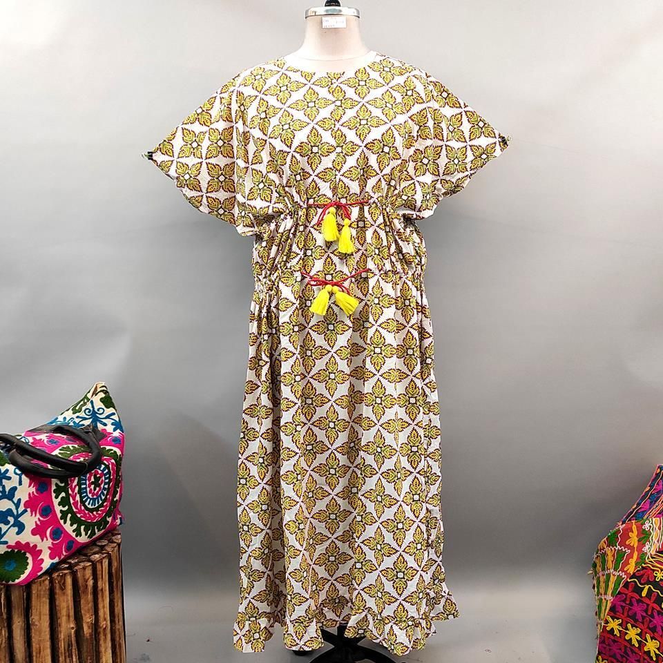 Free Size Farasha Printed Kaftan Cotton Dress 56&quot; Long Jalabiya