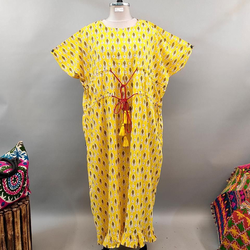 Free Size Farasha Printed Kaftan Cotton Dress 56&quot; Long Jalabiya