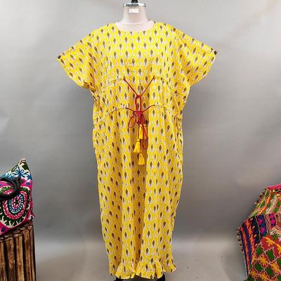 Free Size Farasha Printed Kaftan Cotton Dress 56&quot; Long Jalabiya