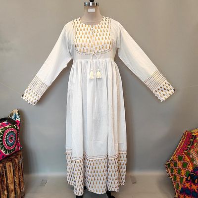 L/XL Bahisa White Golden Cotton Dress 57&quot; Long Jalabiya