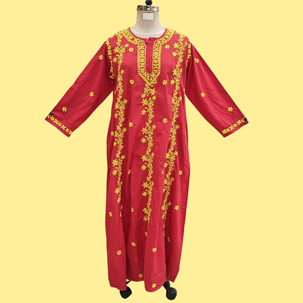 L/XL Kafia Cotton Embroidry Red Plain Dress 57&quot; Long Jalabiya