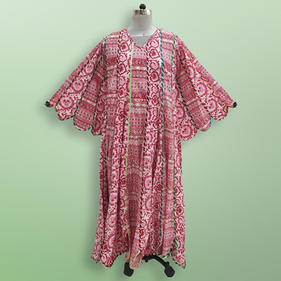 S/M Meher Red Printed Cotton Dress 57&quot; Long Jalabiya