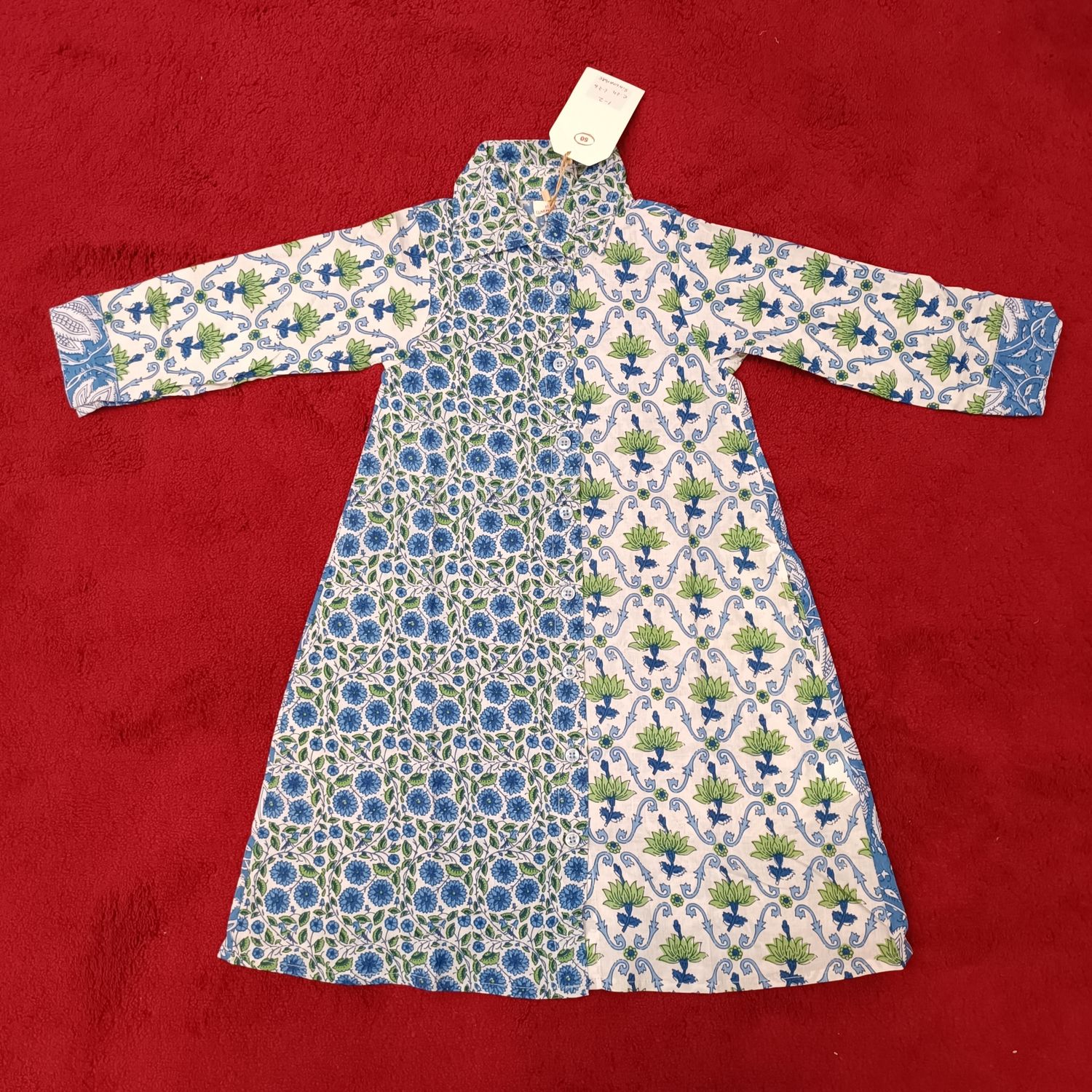 1-2 Year Singapore Blue Printed Cotton Girls Dress 26&quot; Long Jalabiya