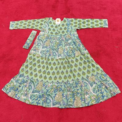 6-7 Year Yumna Green Printed Cotton Girls Dress 38&quot; Long Jalabiya