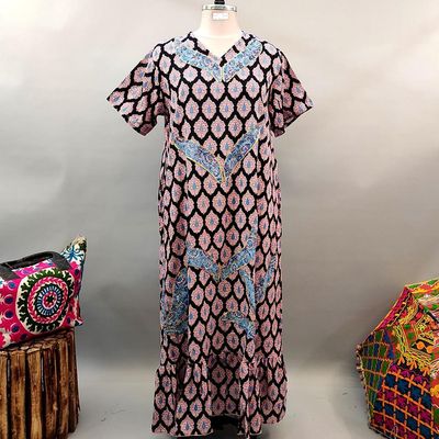 2XL/3XL Junaira Printed Cotton Dress 57&quot; Short Sleeves Jalabiya