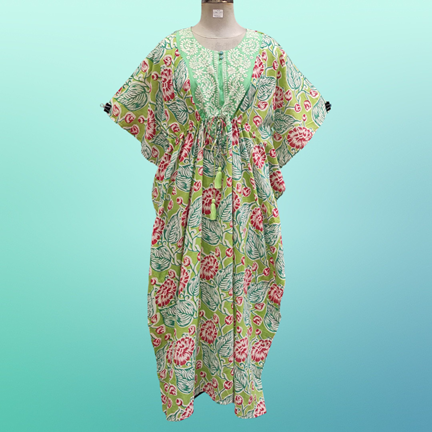 Free Size Farasha Printed Kaftan Embroidery Cotton Dress 57&quot; Long Jalabiya