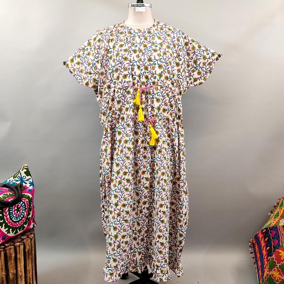Free Size Farasha Printed Kaftan Cotton Dress 56&quot; Long Jalabiya