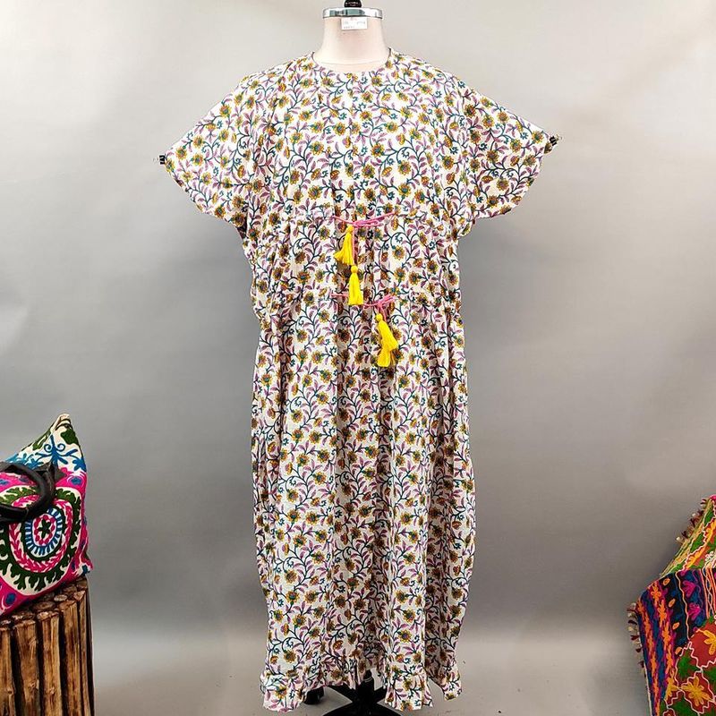 Free Size Farasha Printed Kaftan Cotton Dress 56&quot; Long Jalabiya