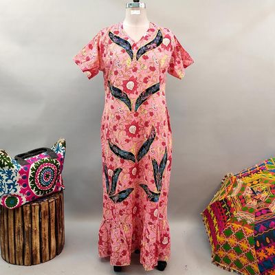 2XL/3XL Junaira Printed Cotton Dress 57&quot; Short Sleeves Jalabiya