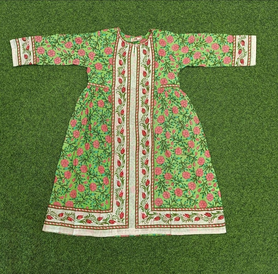 8-9 Year Bhopali Crystal Printed Girls Cotton Dress 42&quot; Long Jalabiya