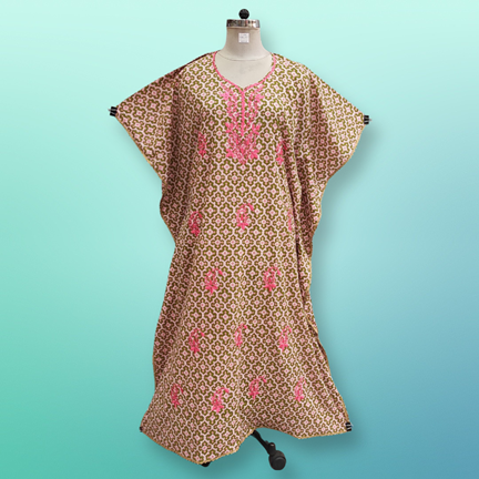 Free Size Farasha Printed Kaftan Embroidery Cotton Dress 57&quot; Long Jalabiya