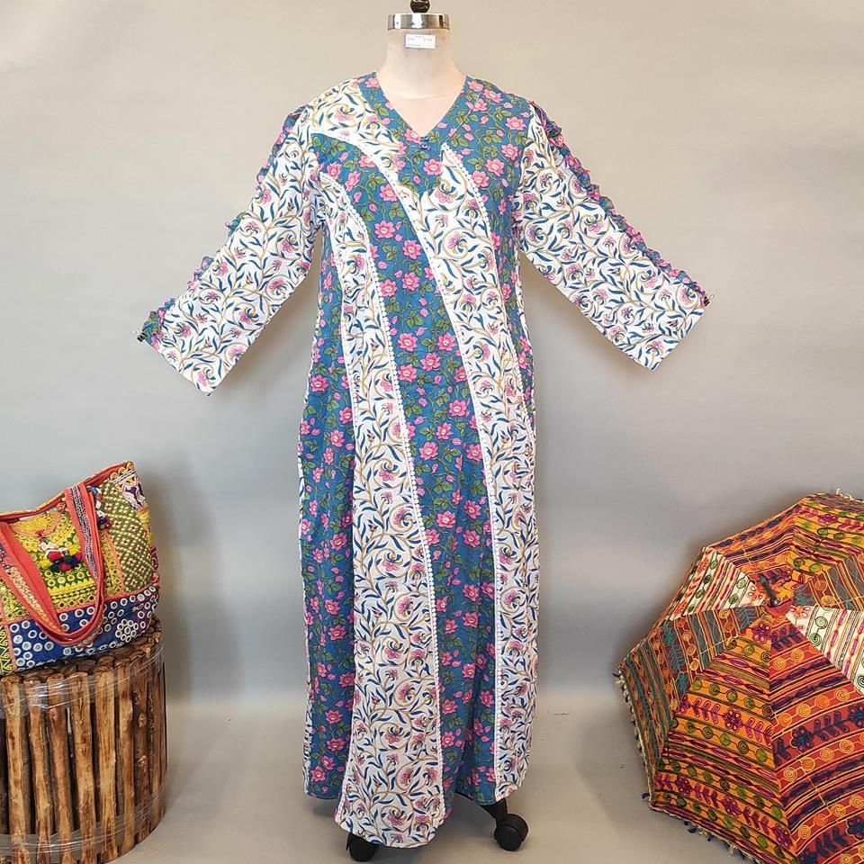 L/XL Narjis Printed Cotton Dress 57&quot; Long Jalabiya