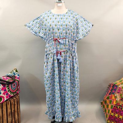 Free Size Farasha Printed Kaftan Cotton Dress 57&quot; Long Jalabiya
