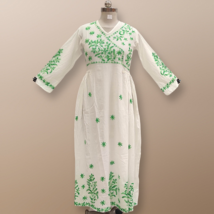 S/M Lairah Embroidery White Cotton Dress 56&quot; Long Jalabiya